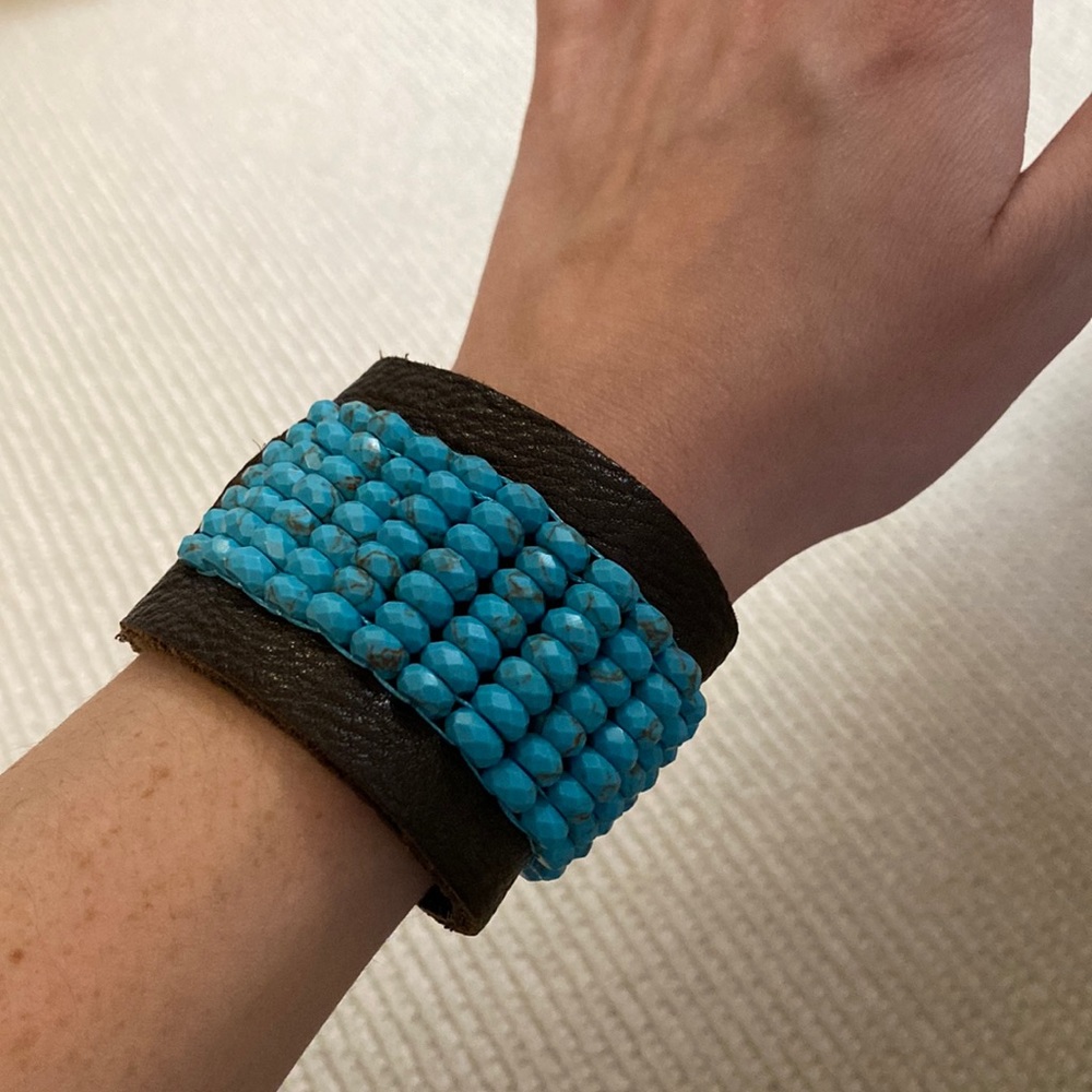 Lucky Brand Leather Cuff Bracelet with Blue Beads